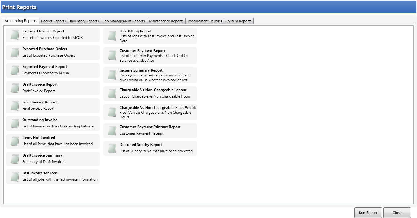 Reporting Screen